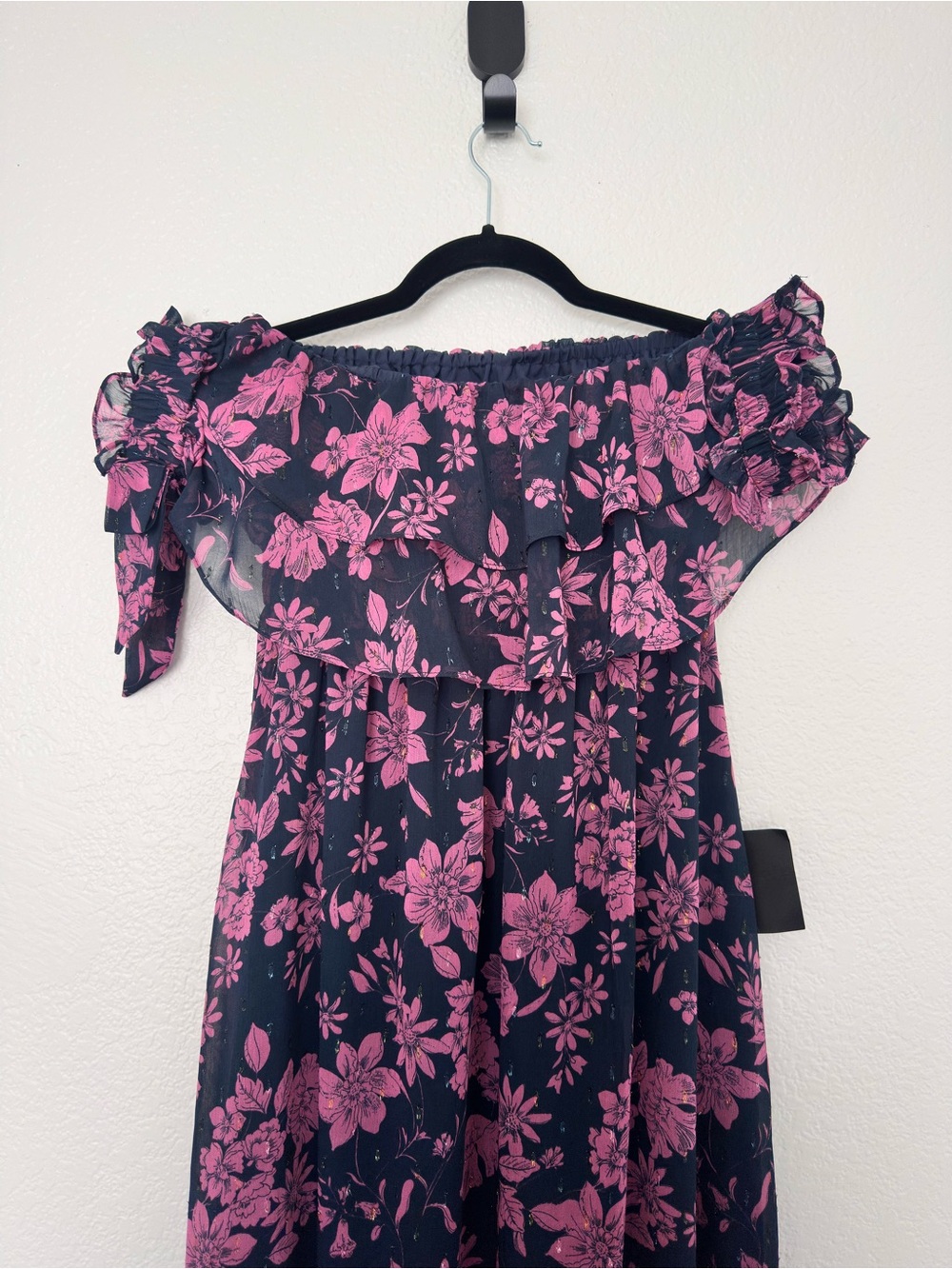 Lulu's Off the Shoulder Maxi Dress in Navy Blue with Pink Floral Print - Picture 7 of 7